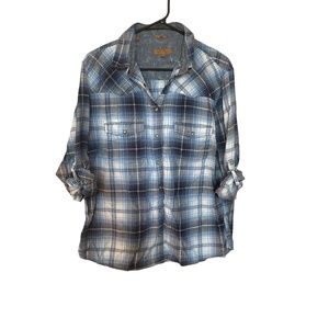Jachs Girlfriend Flannel  Blue Plaid Paisley Button Down Top